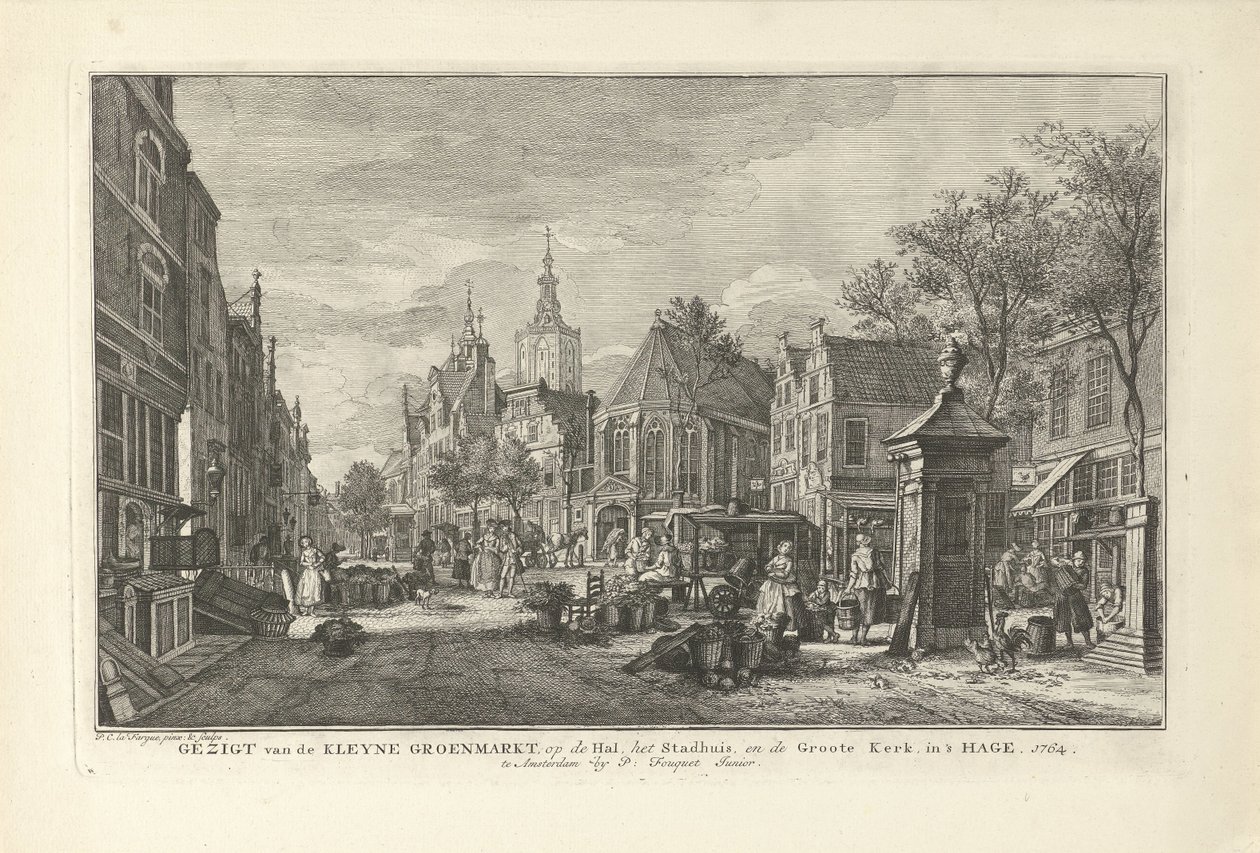 Utsikt över den dagliga gröna marknaden i Haag Utsikt över Kleyne Groenmarkt, på Hal, Stadshuset och Groote Kerk, i Haag (titel på objekt) Åtta ansikten i Haag (serietitel) av Paulus Constantijn la Fargue