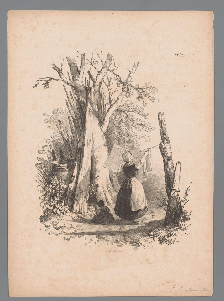 Landskap med en kvinna som hänger upp tvätten Landscape Studies av Paulus Lauters (serietitel) Nouvelle suite de 40 études de paysages par P. Lauters (serietitel) av Paulus Lauters (attributed to)