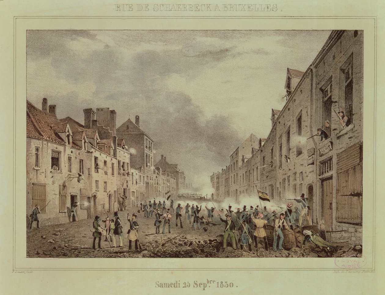 Strid i Rue Schaerbeck, Bryssel, söndagen den 25 september 1830, graverad av Dewasme-Pletinckx av Paulus Lauters