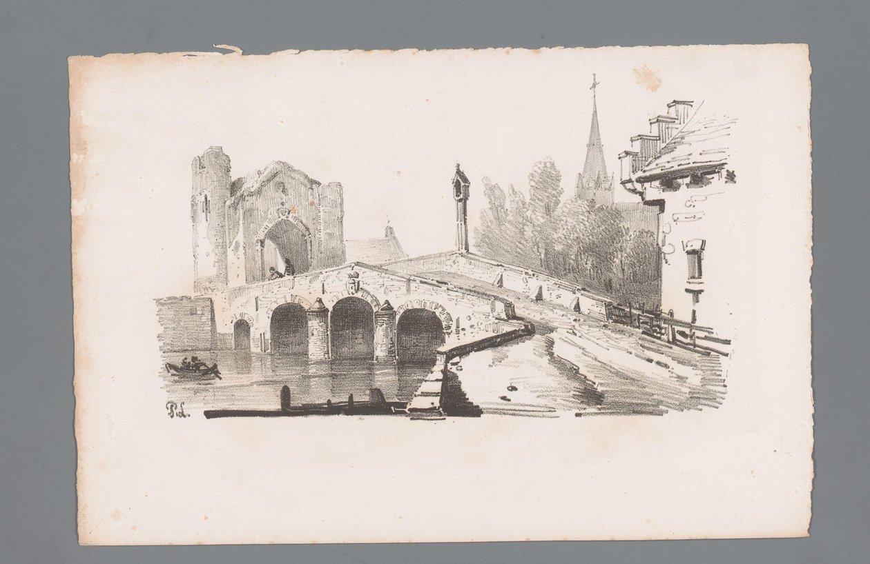 Vy över en bro med en port, en kyrka i bakgrunden Principer för landskap (serietitel) Principles de paysages (serietitel) av Paulus Lauters