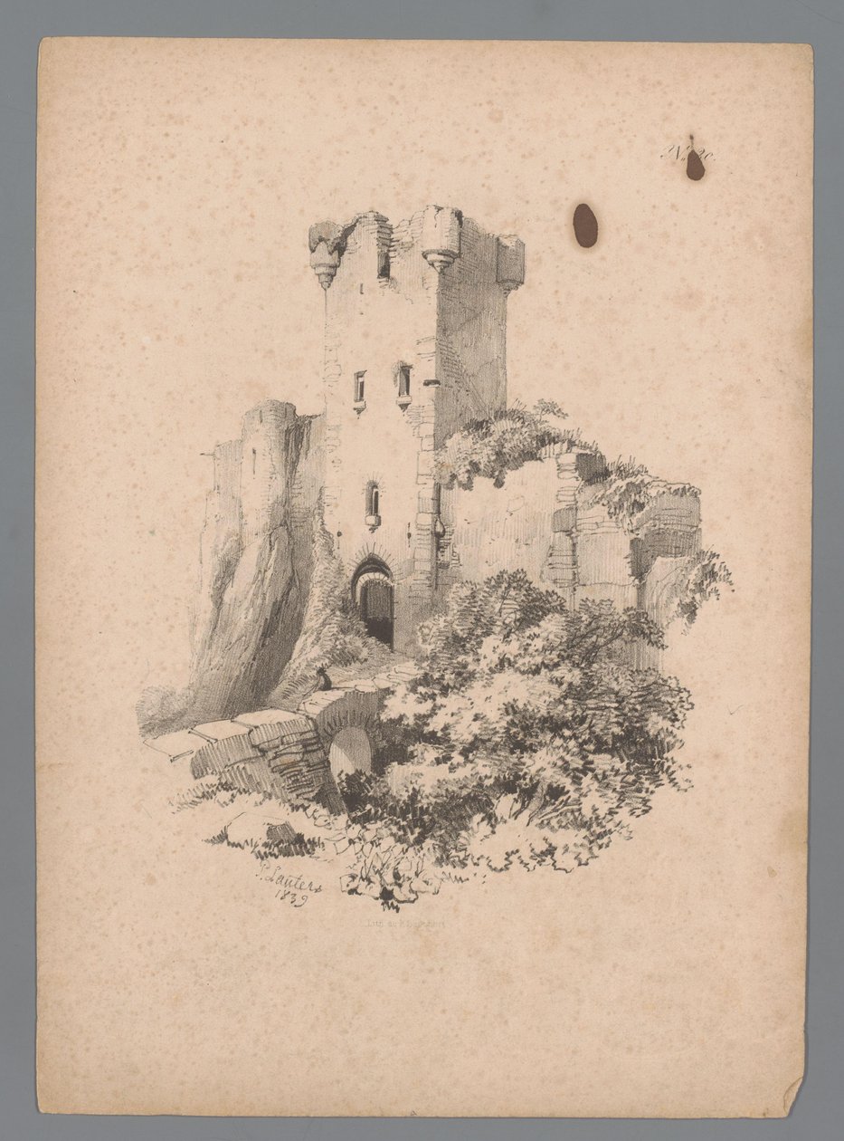 Vy över ett förstört torn med grind Landscape Studies av Paulus Lauters (serietitel) Nouvelle suite de 40 études de paysages par P. Lauters (serietitel) av Paulus Lauters