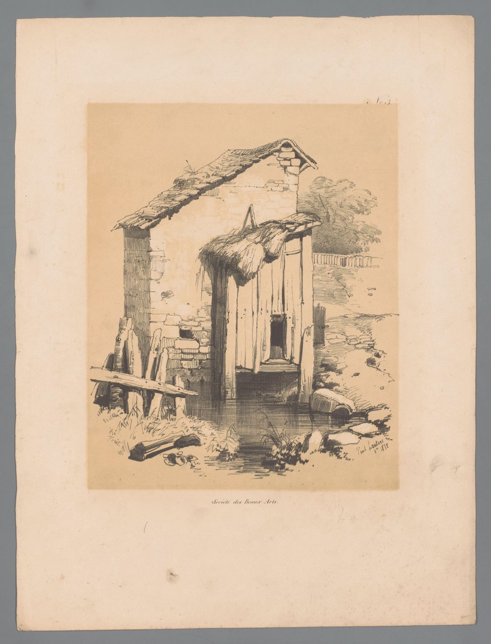 Utsikt över en lada vid vattnet Forêt (titel på objekt) Pittoreska ansikten av Paulus Lauters (serietitel) Etrennes pittoresques pour 1839, par Lauters (serietitel) av Paulus Lauters