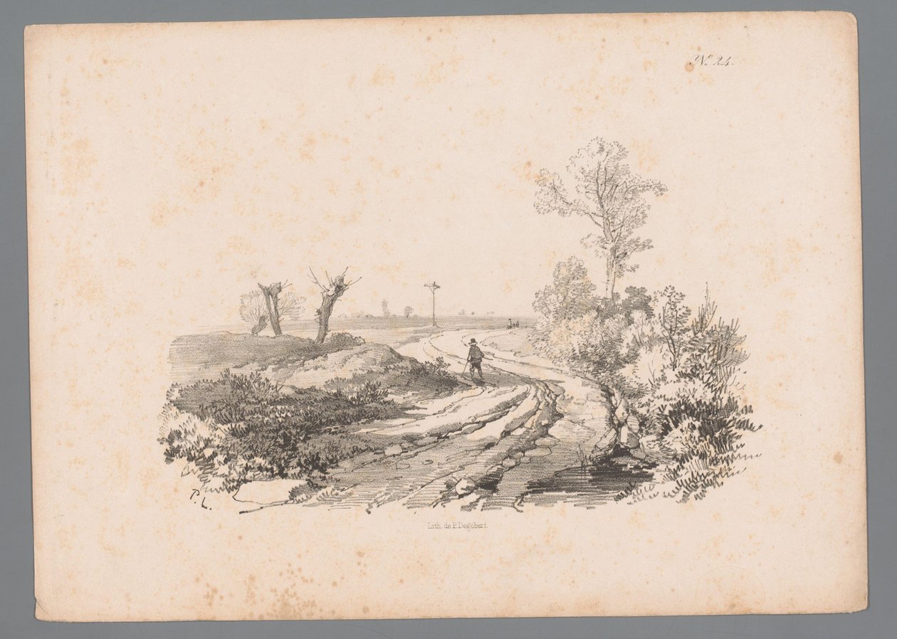 Landskap med figur med en käpp på en landsväg Landscape Studies av Paulus Lauters (serietitel) Nouvelle suite de 40 études de paysages par P. Lauters (serietitel) av Paulus Lauters
