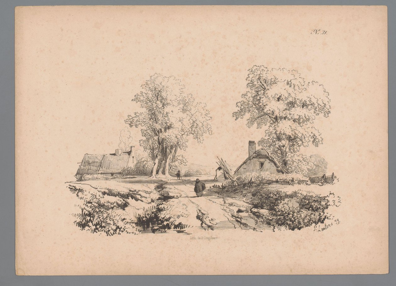Landskap med två hus och två figurer på en väg Landscape Studies av Paulus Lauters (serietitel) Nouvelle suite de 40 études de paysages par P. Lauters (serietitel) av Paulus Lauters