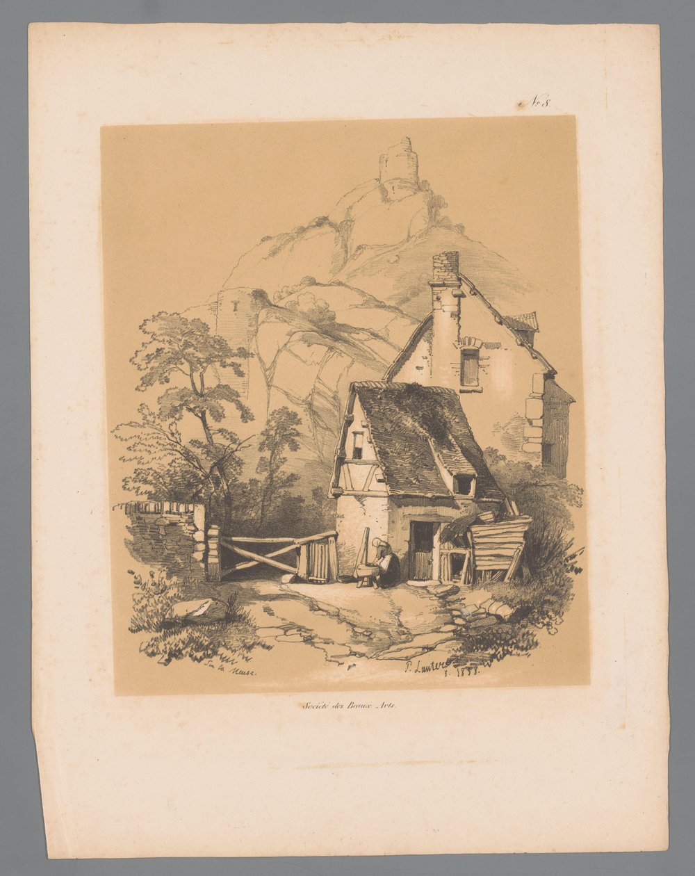 Meuse landskap med ett hus vid foten av ett berg med en ruin på toppen Sur la Meuse (titel på objekt) Pittoreska ansikten av Paulus Lauters (serietitel) Etrennes pittoresques pour 1839, par Lauters (serietitel) av Paulus Lauters