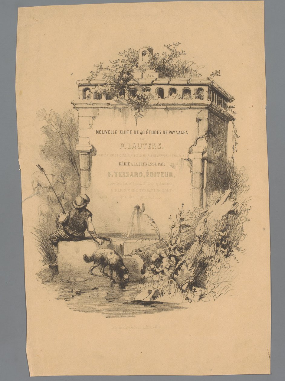 Man med hund som sitter på kanten av en fontän Landscape Studies av Paulus Lauters (serietitel) Nouvelle suite de 40 études de paysages par P. Lauters (serietitel på objekt) av Paulus Lauters