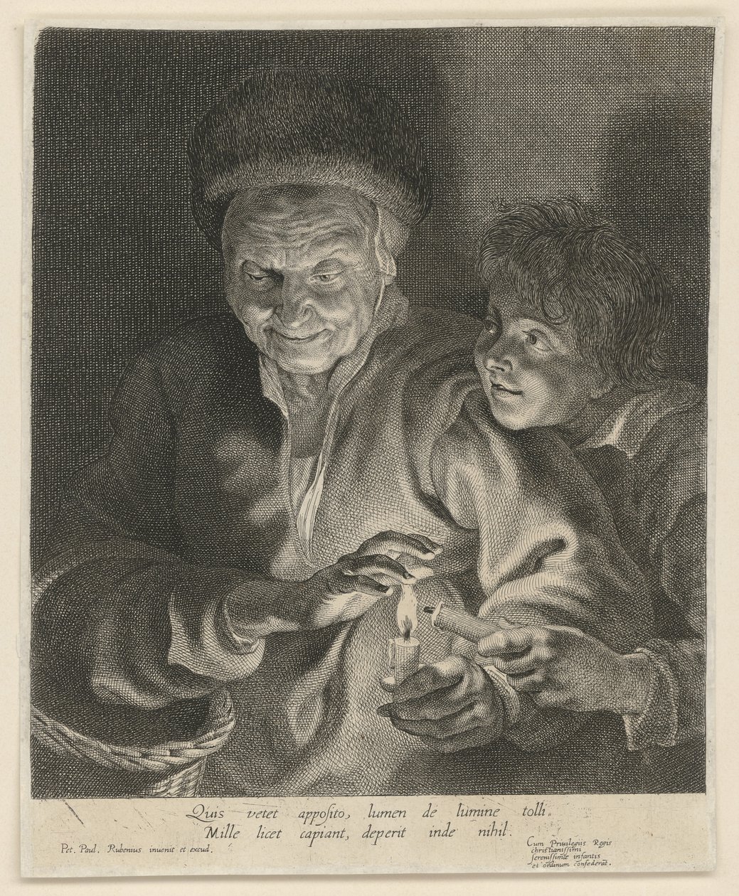 Gammal kvinna och pojke med ett ljus av Paulus Pontius