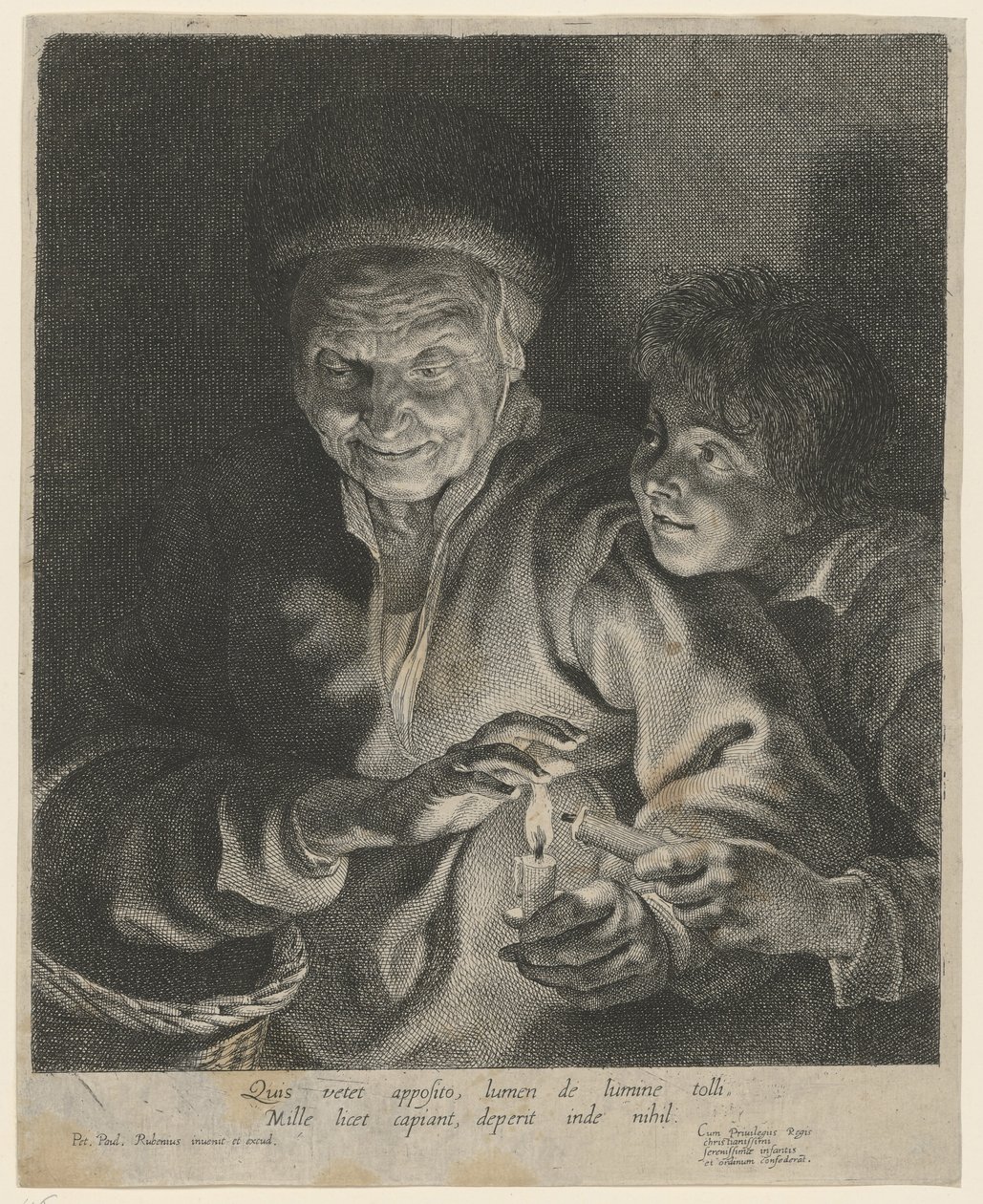 Gammal kvinna och pojke med ett ljus av Paulus Pontius