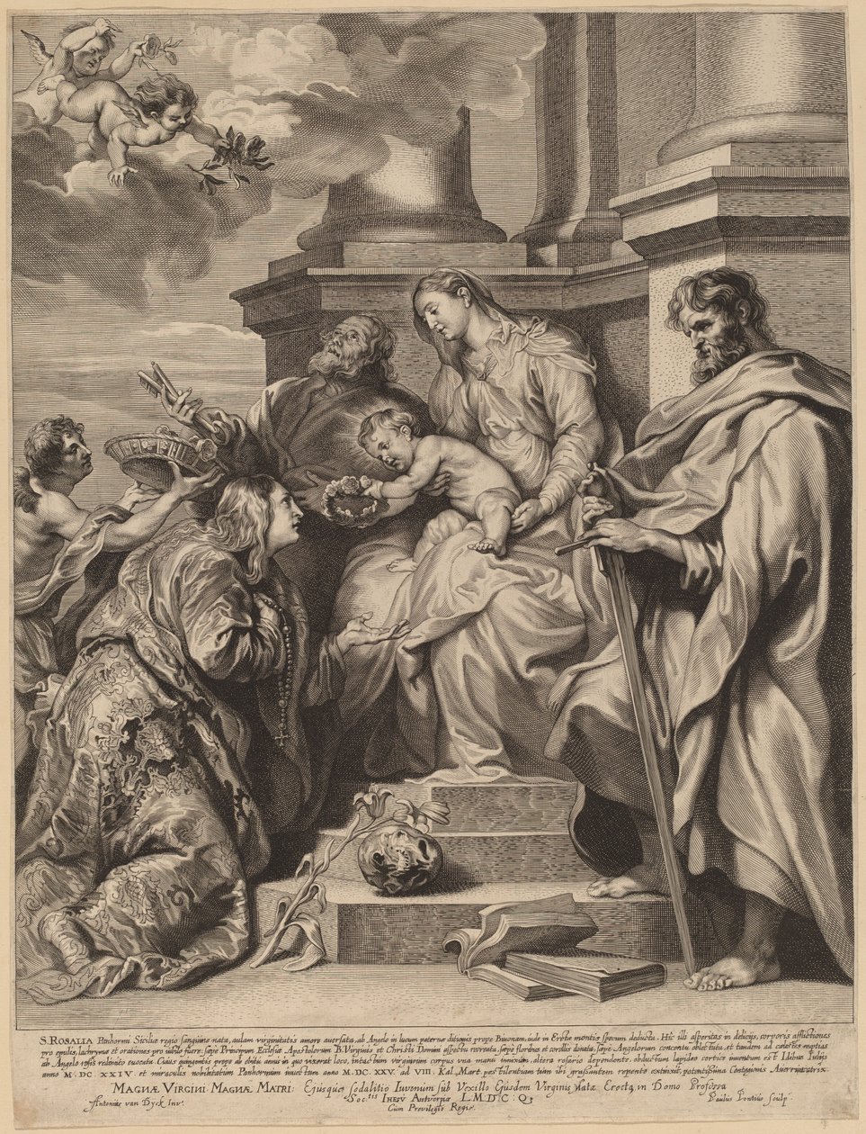 Saint Rosalia krönt av Jesusbarnet av Paulus Pontius, after Sir Anthony van Dyck