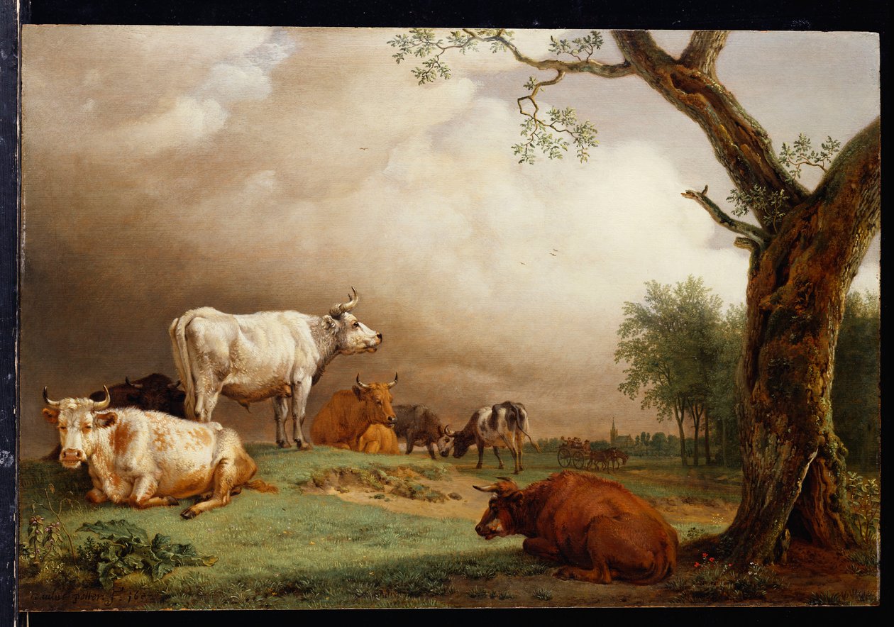 Boskap på ett fält, med resenärer i en vagn på ett spår bortom och ett kyrktorn i fjärran, en regnstorm närmar sig, 1652 av Paulus Potter