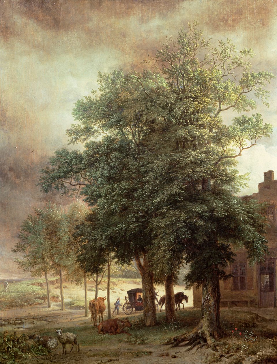 Landskap med vagn eller hus bortom träden av Paulus Potter