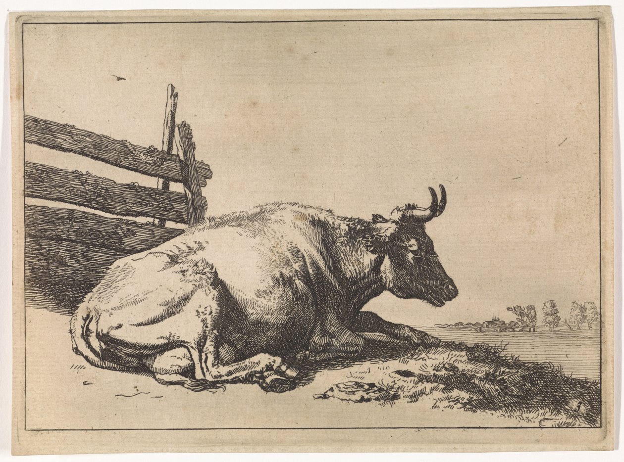 Liggande ko vid ett staket The Bull Book (serietitel) av Paulus Potter