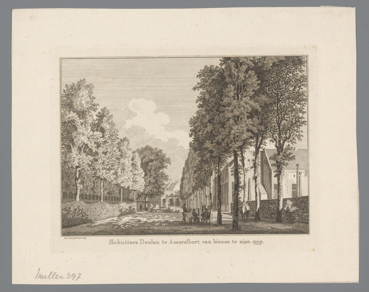 Utsikt över Doelen i Amersfoort Schutters Doelen i Amersfoort från insidan. 1759 (titel på objekt) av Paulus van Liender