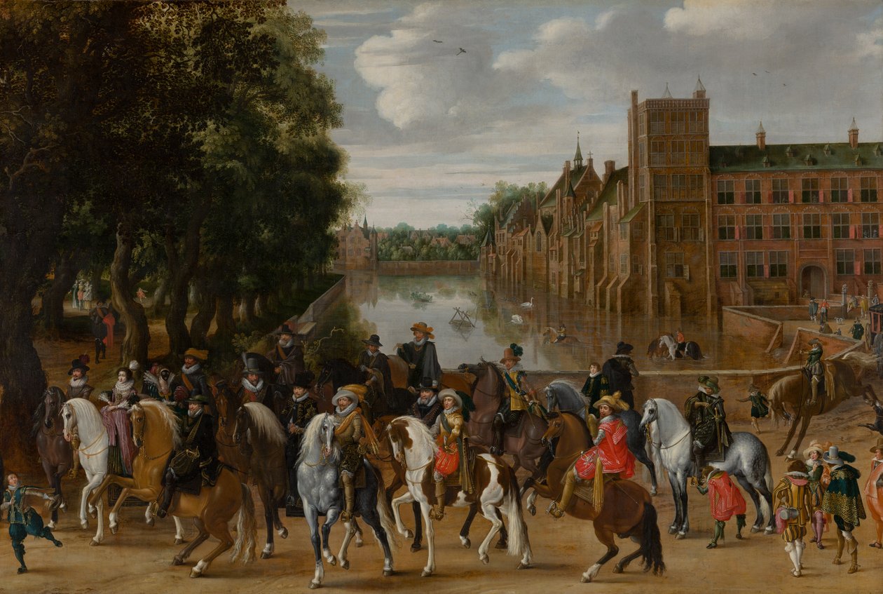Prinsarna av Orange och deras familjer till häst, rider ut från The Buitenhof, Haag, ca. 1621-22 av Pauwels I van Hillegaert