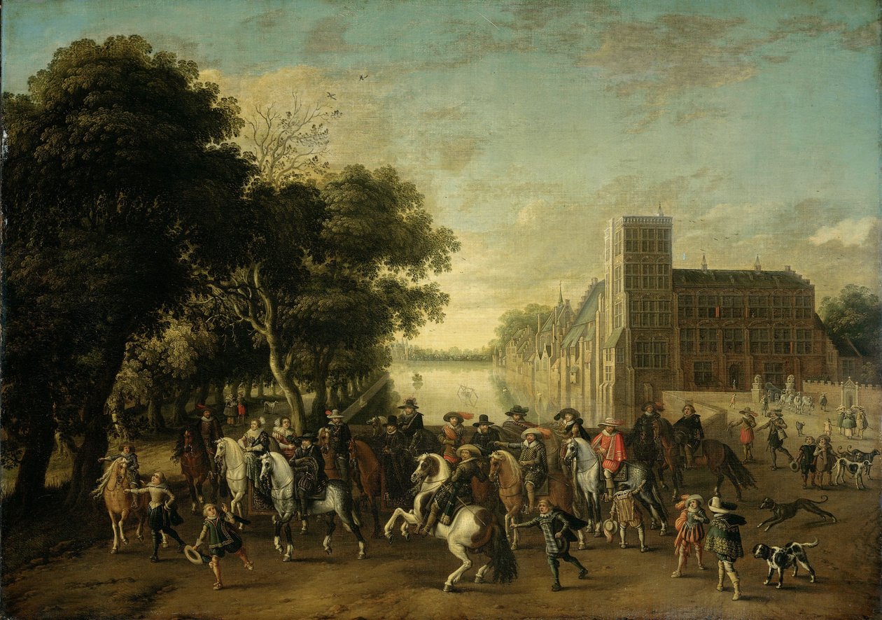 Prins Maurits, åtföljd av prins Frederik Hendrik, Fredrik V av Böhmen och hans hustru Elizabeth Stuart m.fl. på Buitenhof, Haag av Pauwels van Hillegaert