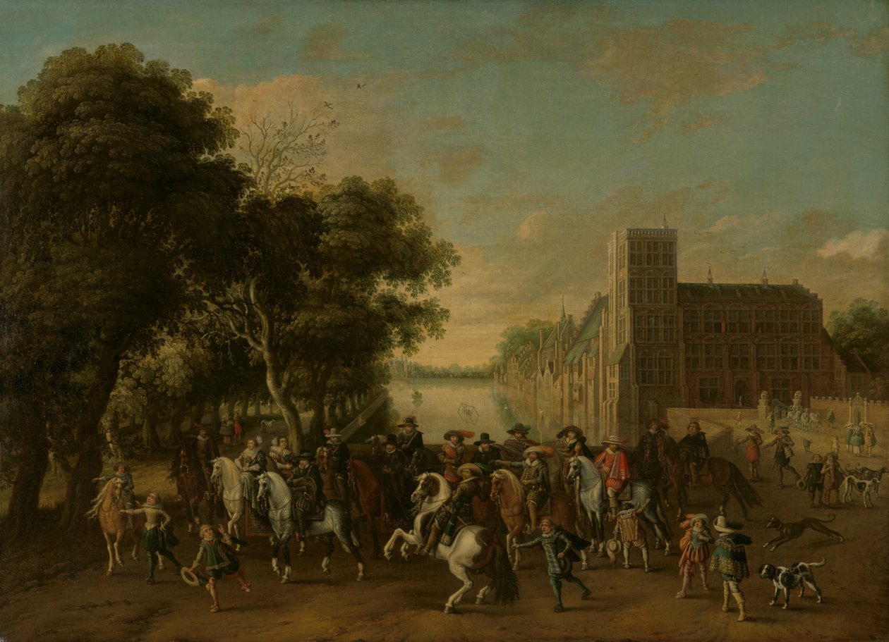 Prins Maurits, åtföljd av prins Frederik Hendrik, Fredrik V av Böhmen och hans hustru Elizabeth Stuart, m.fl., på Buitenhof, Haag av Pauwels van Hillegaert