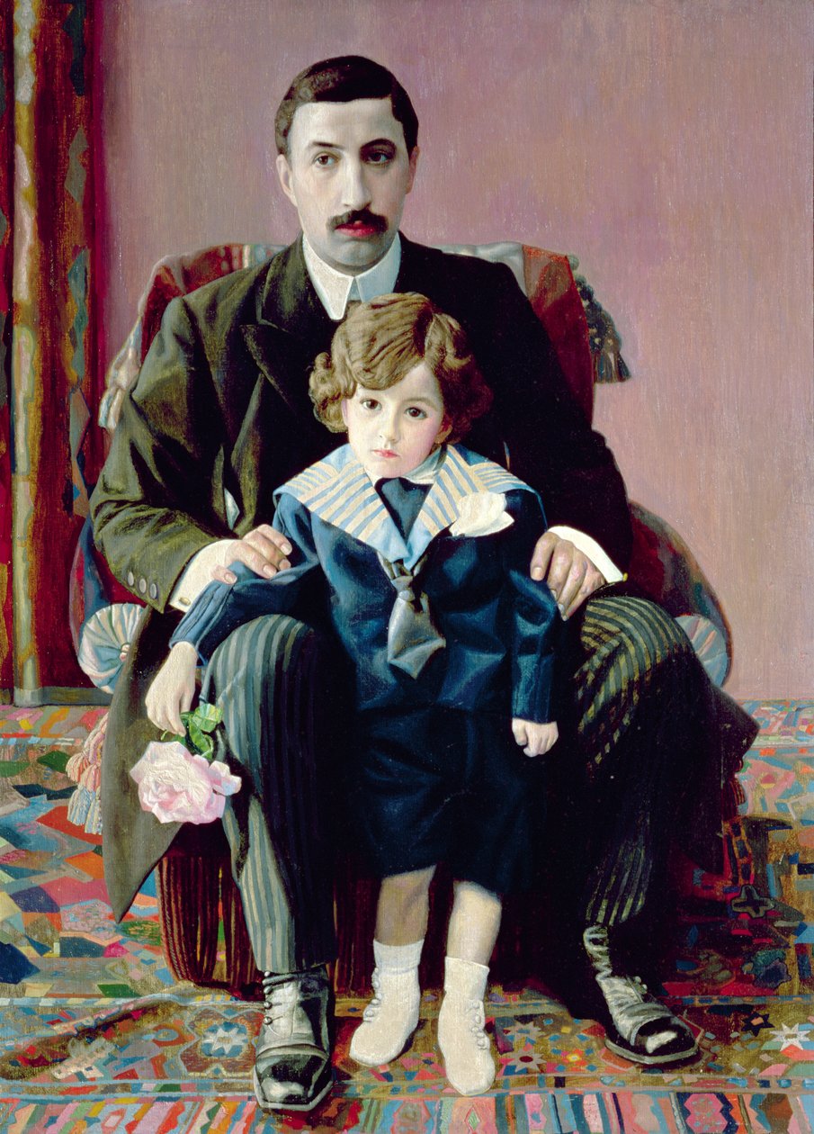 Porträtt av Arman Frantsevich Aziber och hans son, 1915 av Pawel Nikolajewitsch Filonow