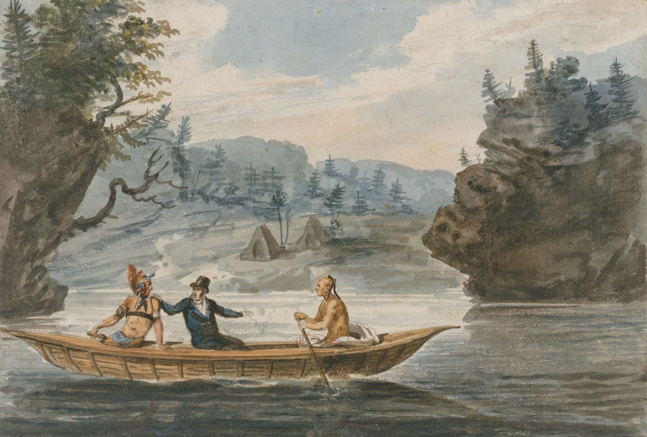 Två indianer och en vit man i en kanot, 1811-13 av Pavel Petrovich Svinin
