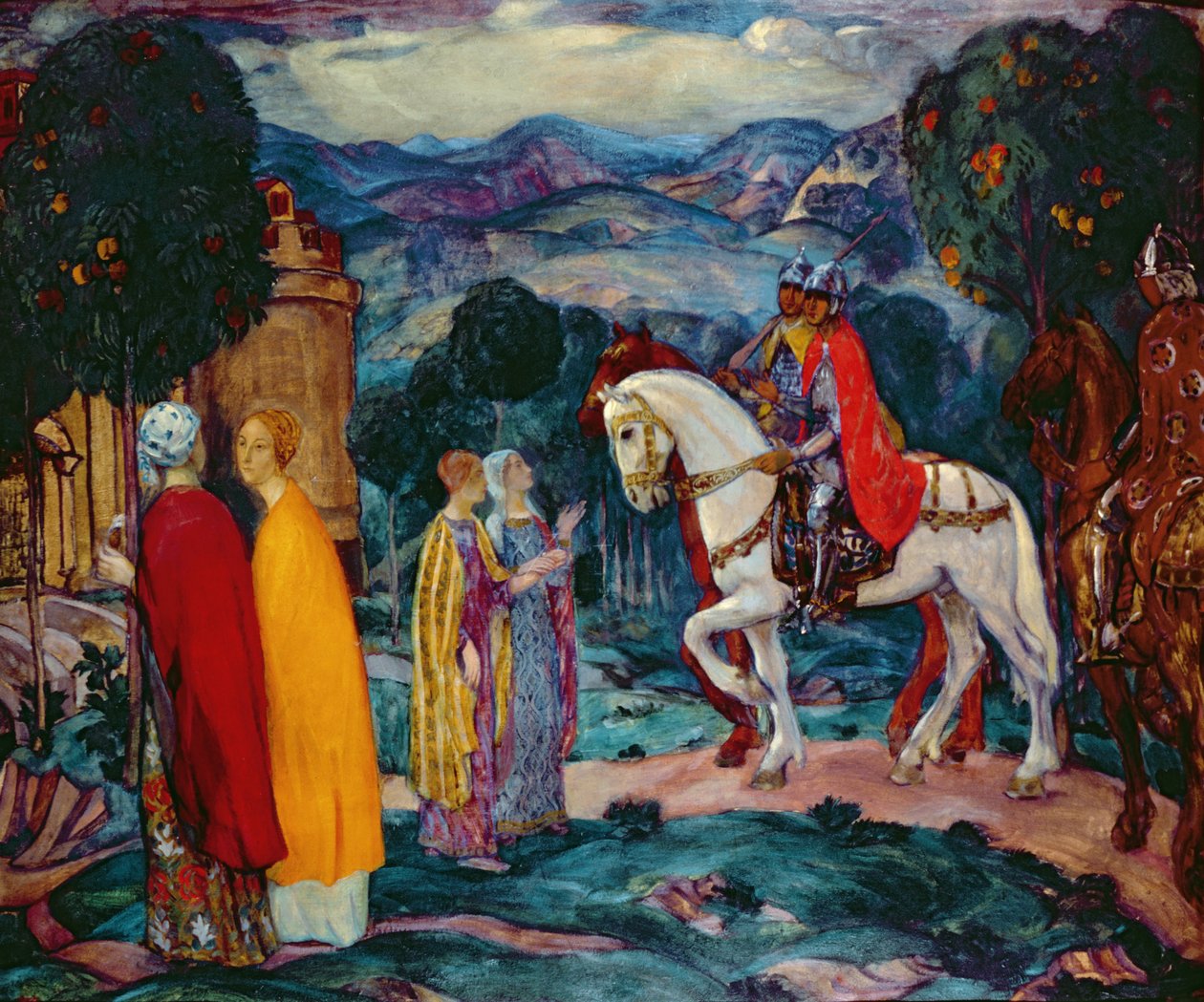 Mötet, 1913 (olja på kartong) av Pavel Semenovich Naumov