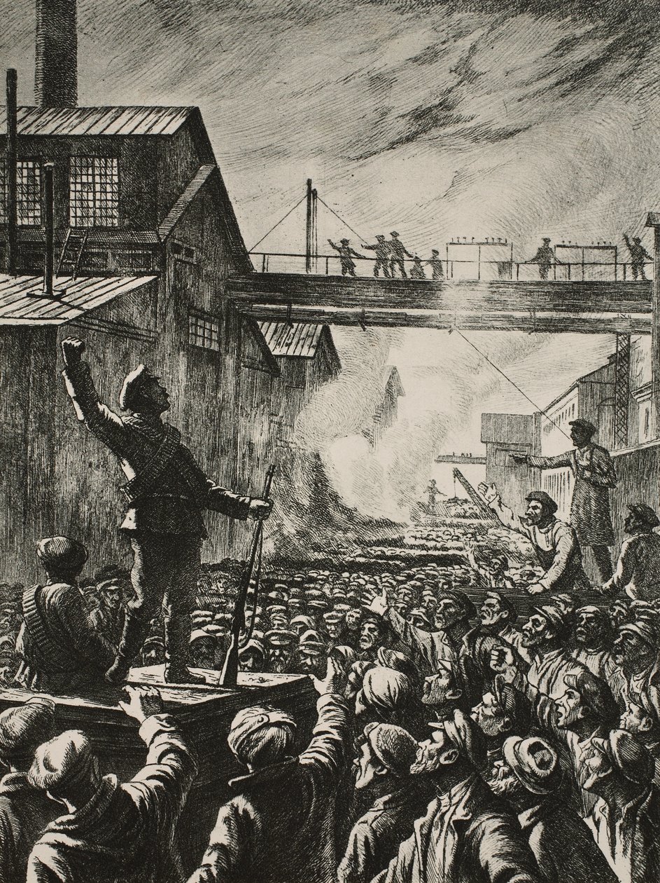 Julidagarna i Petrograd: kulspruteskyttar uppmanar Putilov-arbetarna att stödja aktionen mot den provisoriska regeringen av Pavel Alexandrovich Shillingovsky