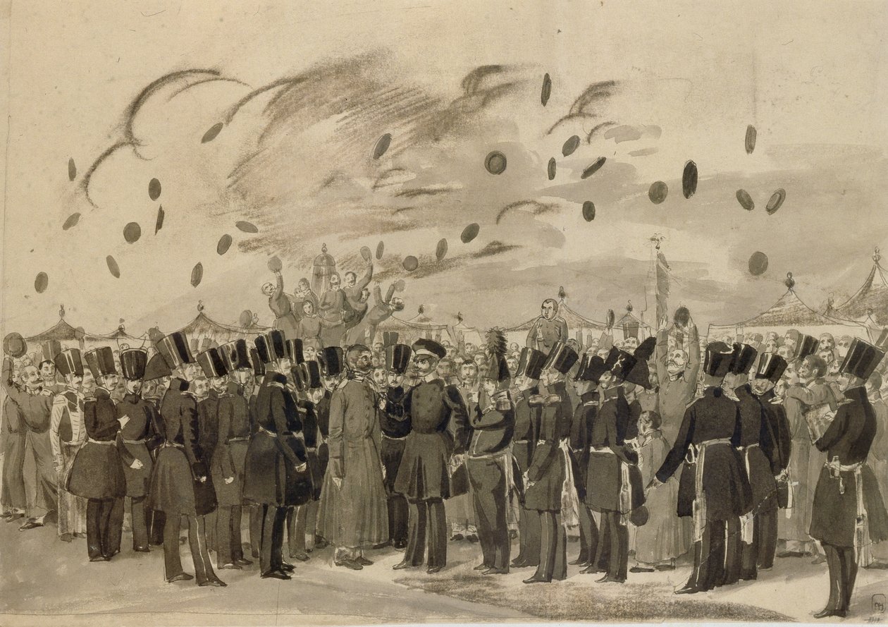 Storhertig Mikhail Pavlovich besöker Lägret för livgardet Finlands regemente den 8 juli 1837, 1837 av Pavel Andreevich Fedotov