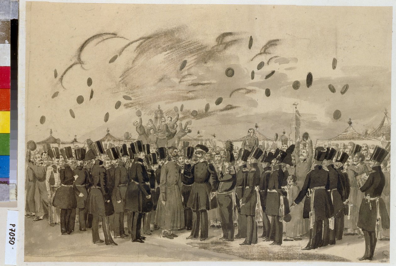 Storhertig Michael Pavlovich (1798-1849) besöker det finska kejserliga garderegementets läger (eller Finliandski garderegementet), den 8 juli 1837. (storhertigen Mikhail Pavlovich besöker det finska livgardets läger den 8 juli av Pavel Andreevich Fedotov