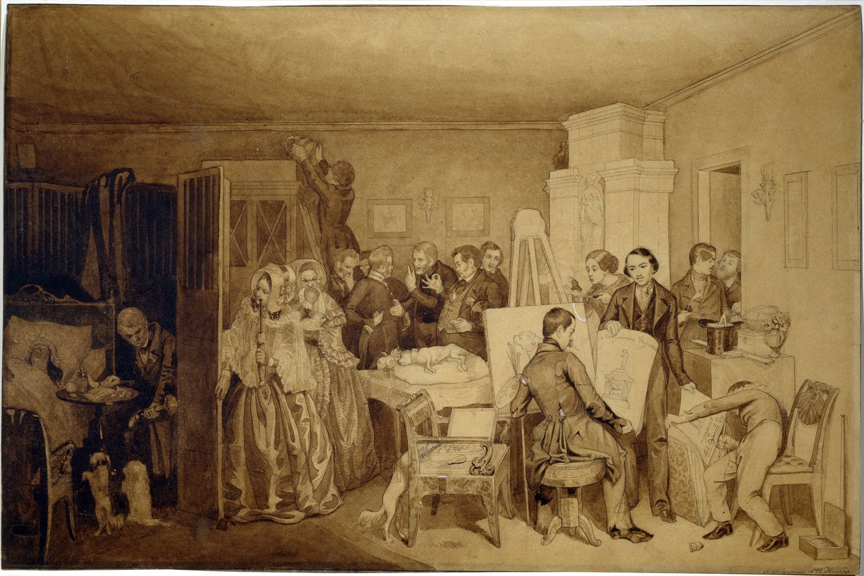 Konsekvenserna av Fidelkas död - Verk av Pavel Andreyevich Fedotov (1815-1852), indiskt bläck och sepia på papper av Pavel Andreevich Fedotov