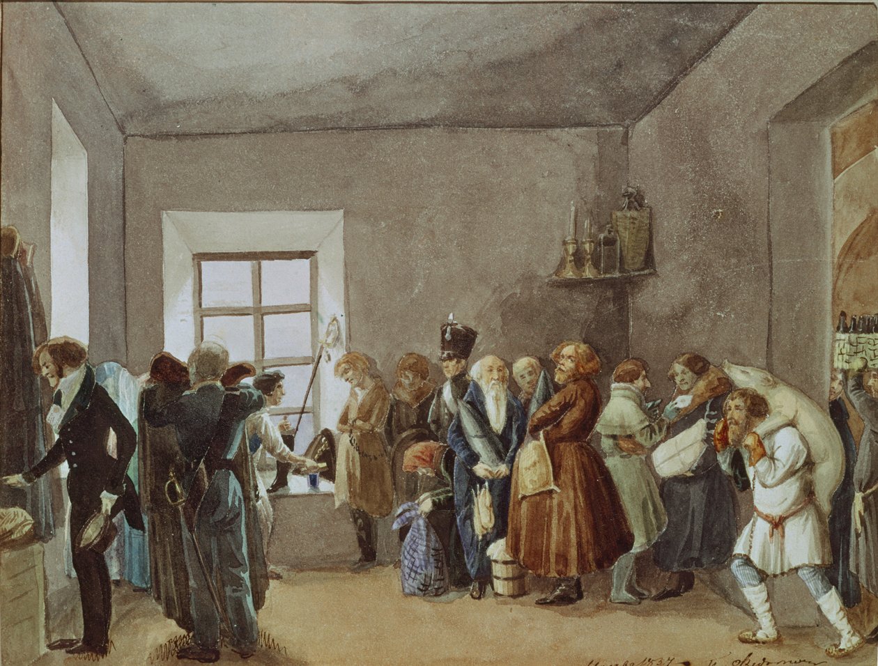 Police Commissarys Reception Room the Night Before a Holiday, 1837 av Pavel Andreevich Fedotov