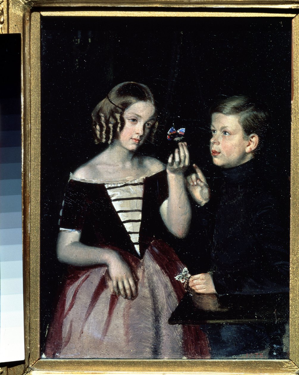 ""Porträtt av de två Gerbin-barnen som överväger en fjäril"" Målning av Pavel Fedotov (1815-1852) Circa 1851 State Russian Museum, Sankt Petersburg av Pavel Andreevich Fedotov