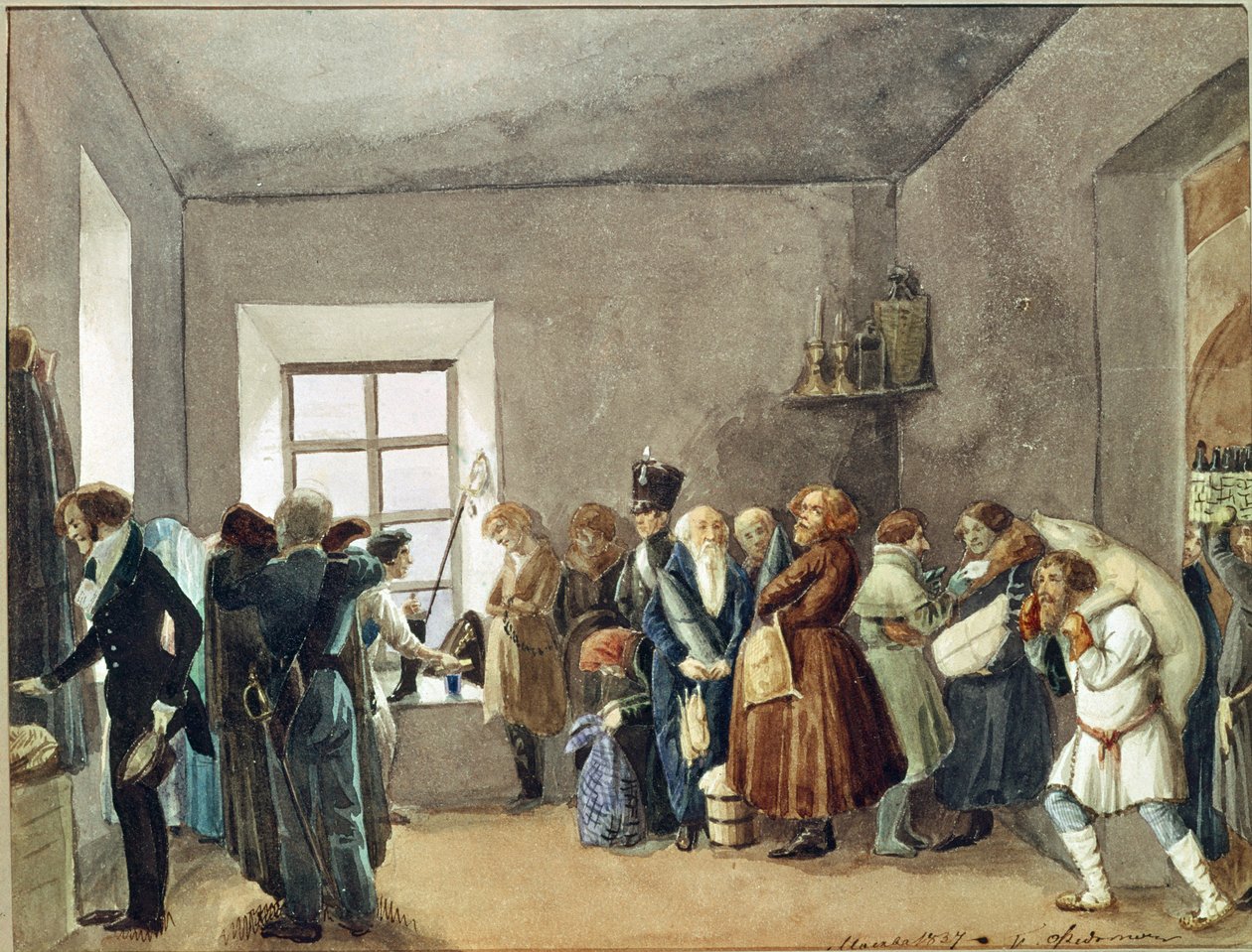 Mottagningsrum för en poliskommissarie kvällen före en semester. Verk av Pavel Andreyevich Fedotov (1815-1852), akvarell, bläck och penna på papper av Pavel Andreevich Fedotov