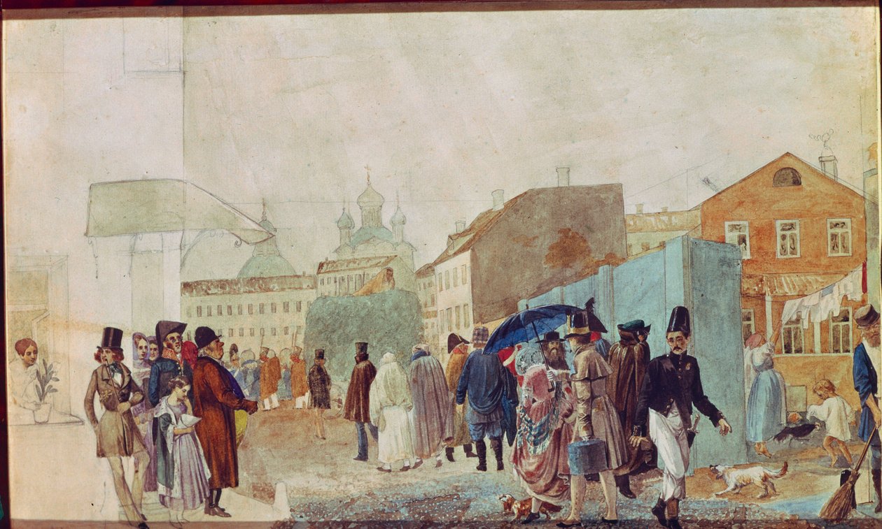 Gatubild i regnet i Moskva. Verk av Pavel Andreyevich Fedotov (1815-1852), akvarell på papper av Pavel Andreevich Fedotov