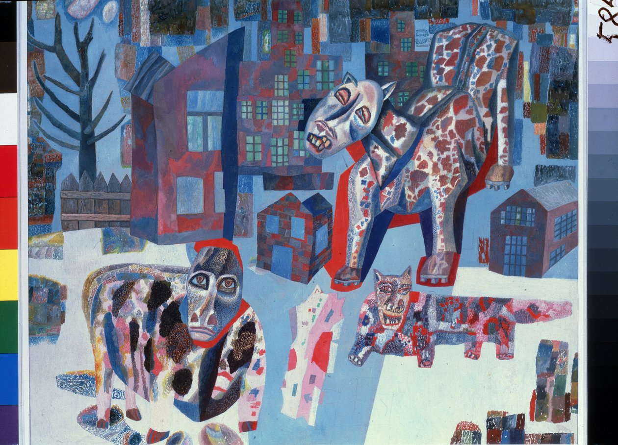 Djur (Djur). Jättemonster som invaderar gatorna i en stad. Verk av Pavel Nikolajevitj Filonov (1883-1941), olja på papper av Pawel Nikolajewitsch Filonow