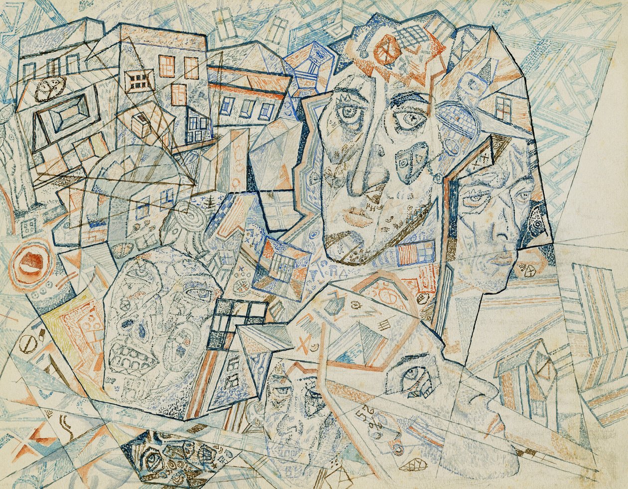 Faces in the City, ca 1925 (akvarell och penna och bläck på papper) av Pawel Nikolajewitsch Filonow