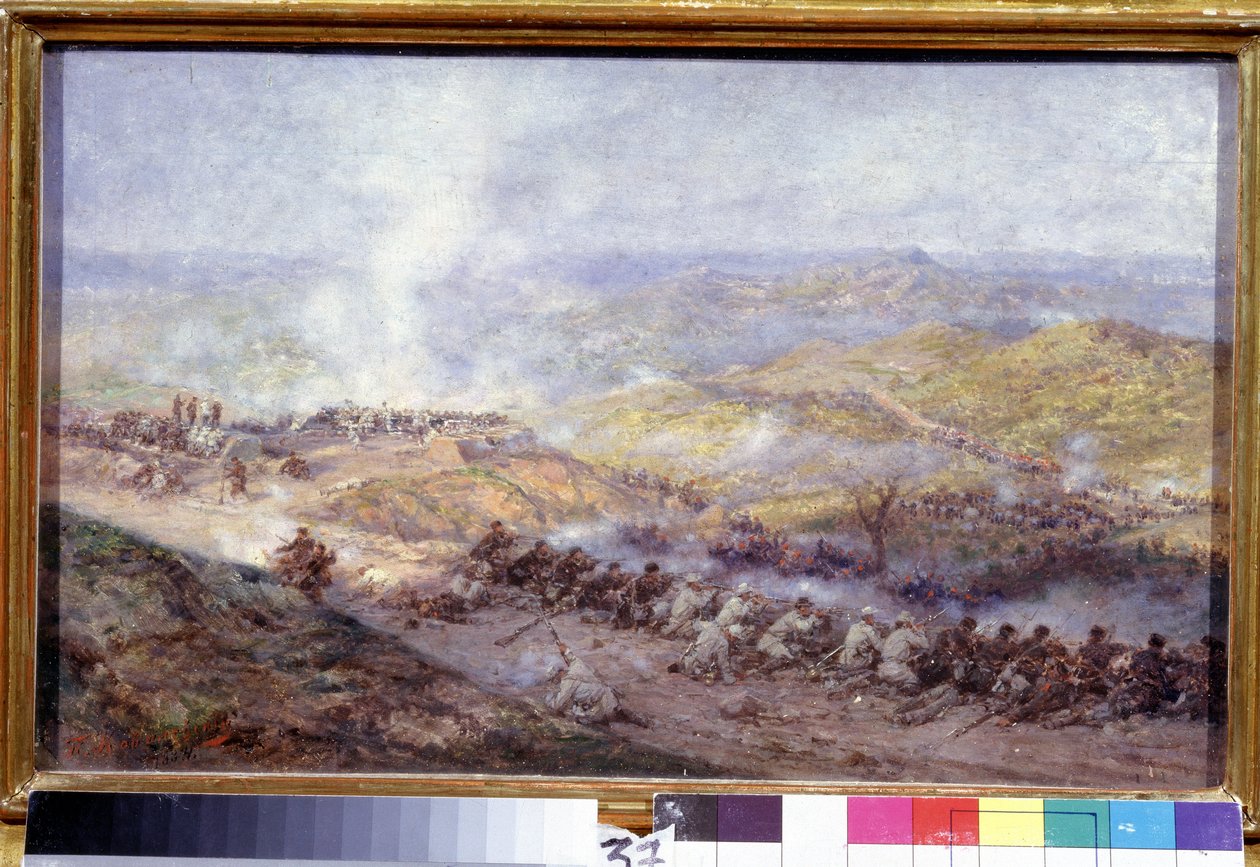 En scen från det ryska Turkiska kriget (1876-1878) (A Scene of the Russian Turkish War). Slagfältet på Balkan, där soldaterna från den ryska armén och det osmanska riket drabbar samman, under belägringen av Pleven (eller Plevna, i Bulgarien), 1877. Målning av Pavel Osipovich Kovalevsky