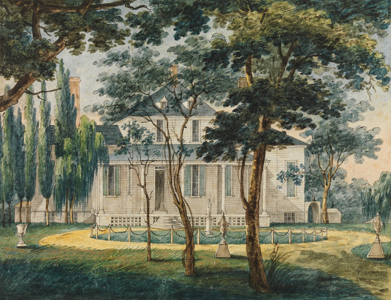 A Country Residence, möjligen General Moreaus Country House i Morrisville..., 1811-ca. 1813. av Pavel Petrovic Svin