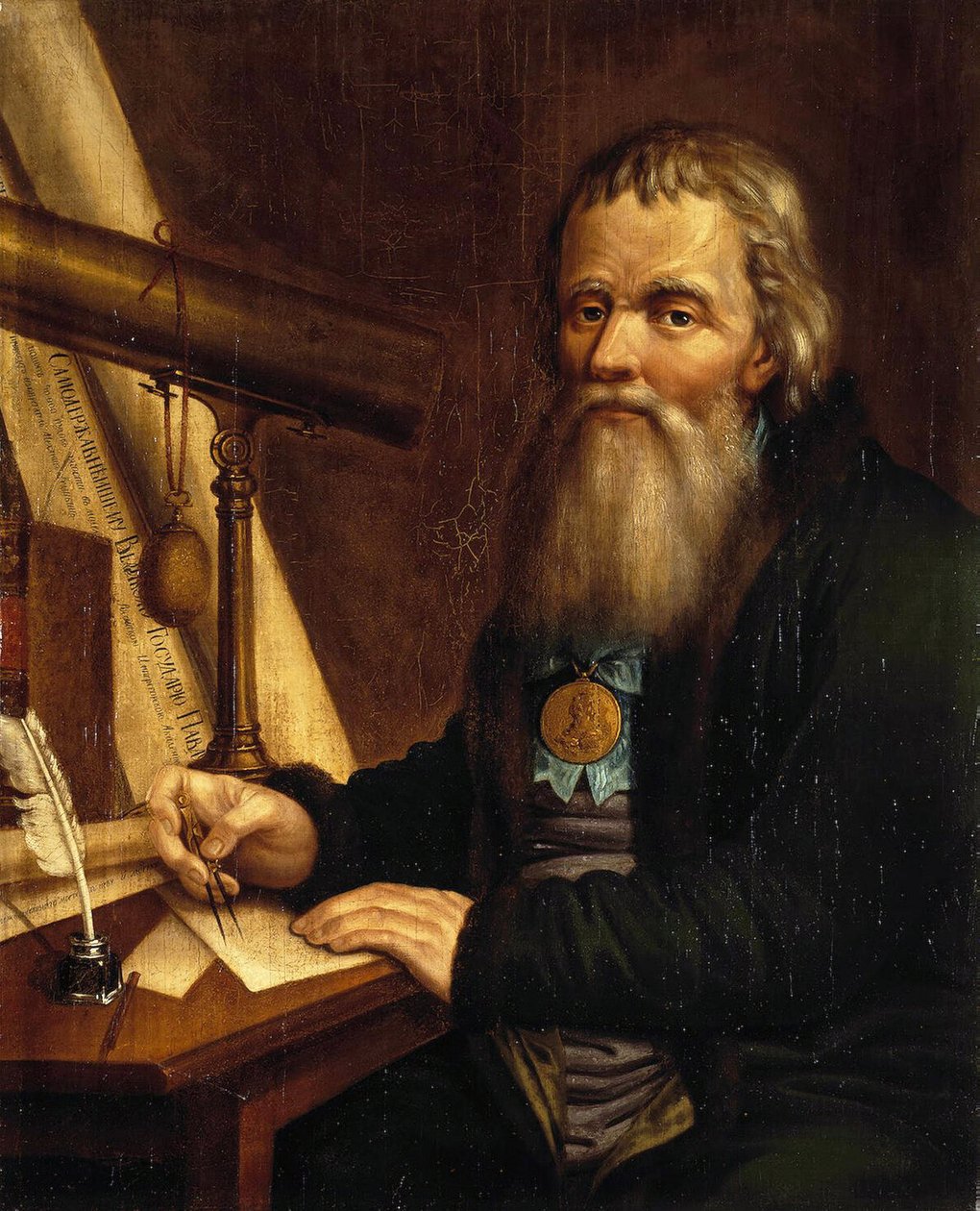 Porträtt av Ivan Petrovich Koulibine (Kulibin) (1735-1818), rysk uppfinnare och mekaniker, med hjälp av en kompass (Porträtt av mekanikern och uppfinnaren Ivan P. Kulibin). Målning av Pavel Petrovich Vedenetsky (1766-1847) av Pavel Petrovich Vedenetsky
