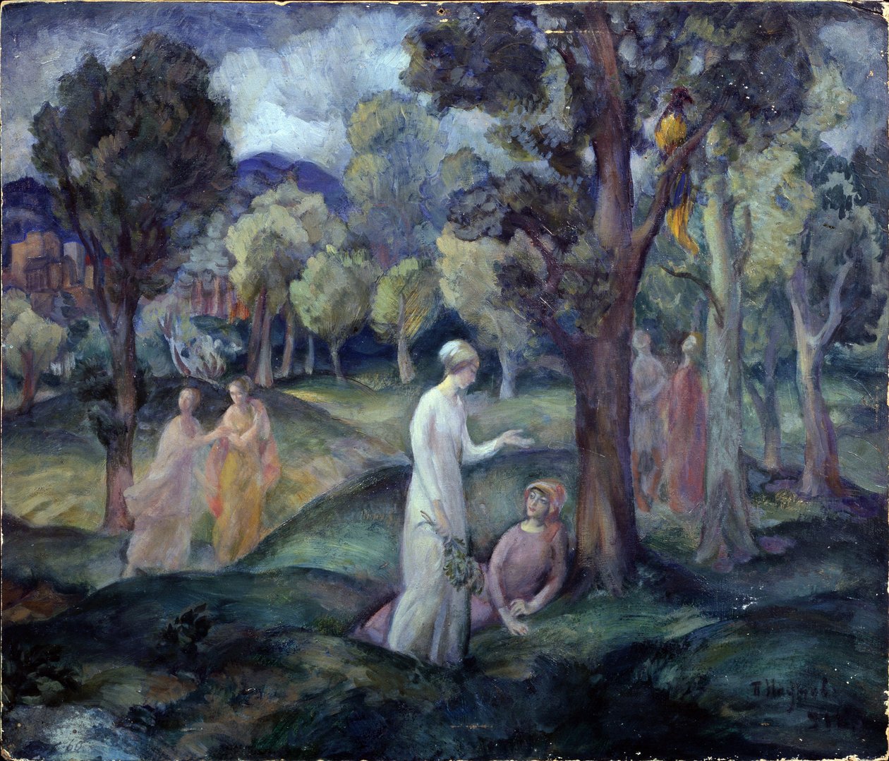 En promenad genom fält. (En promenad genom fälten). Fritidsscen, unga kvinnor mellan träden i bergen. Verk av Pavel Semyonovich Naumov (1884-1942), olja på kartong av Pavel Semenovich Naumov