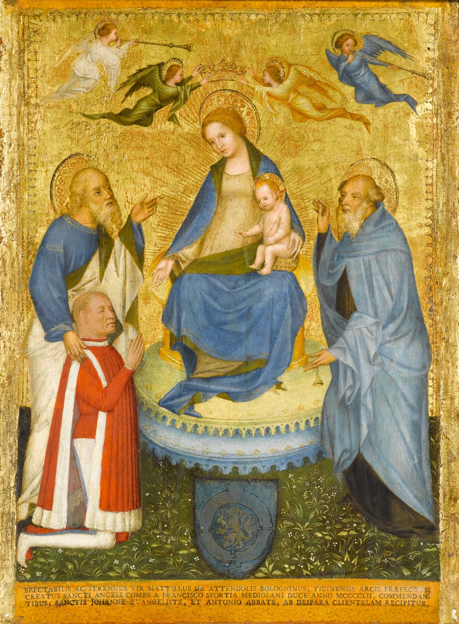 Jungfru och barn krönt av änglar, med St. John the Evangelist, St. Anthony Abbot, och en donator, ca 1400 av Pavian School