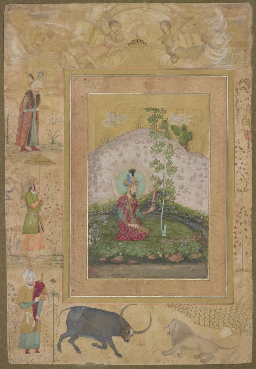 Humayun Seated in a Landscape, från det sena Shah Jahan-albumet, fristående albumfolio, ca 1650 av Payag