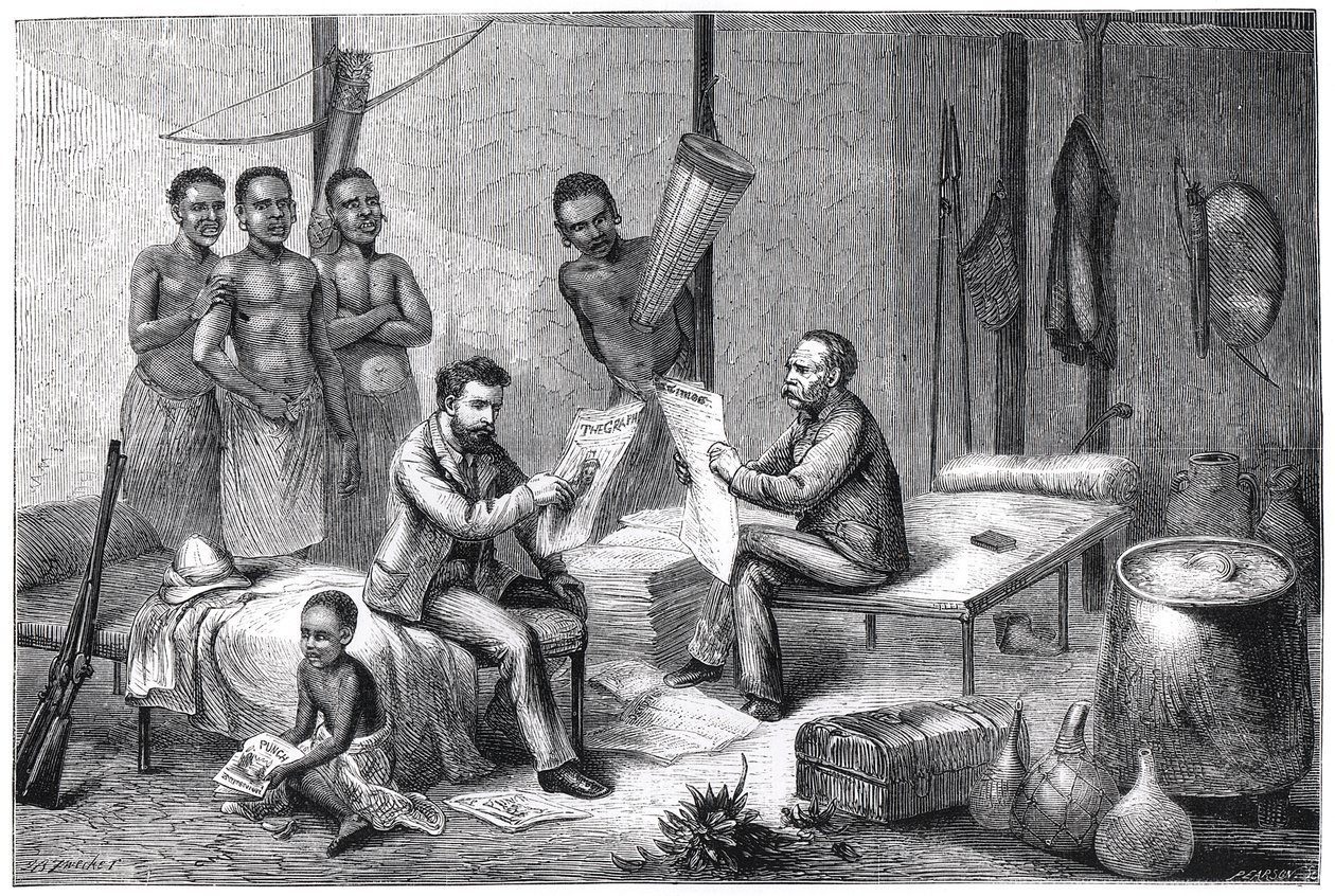 Livingstone och Stanley tar emot tidningar i Centralafrika, 1871-1873 av Pearson