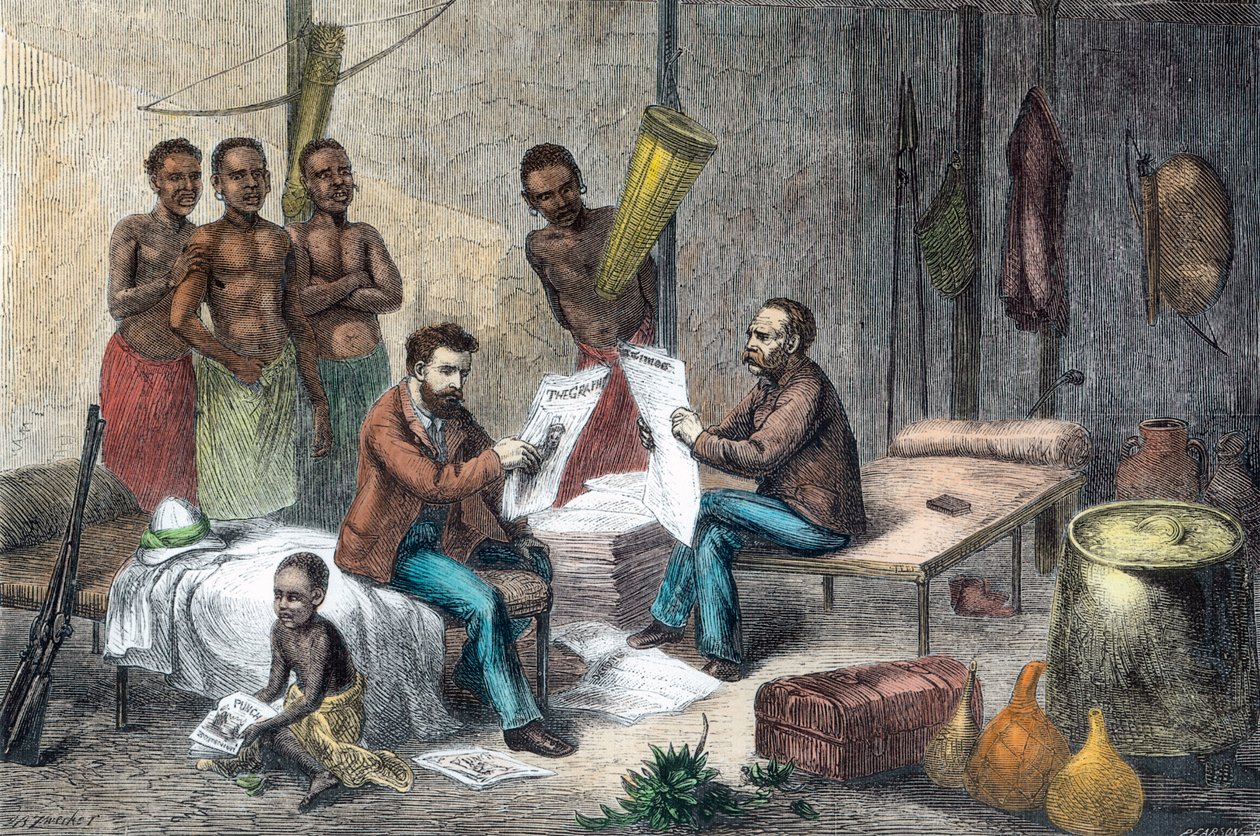Livingstone och Stanley tar emot tidningar i Centralafrika, 1871-1873 av Pearson