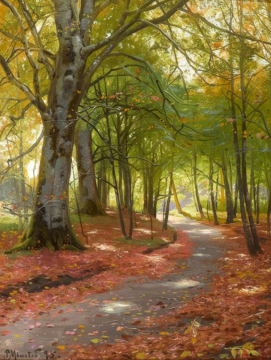 P.Mönsted, solig höstdag i skogen av Peder Monsted