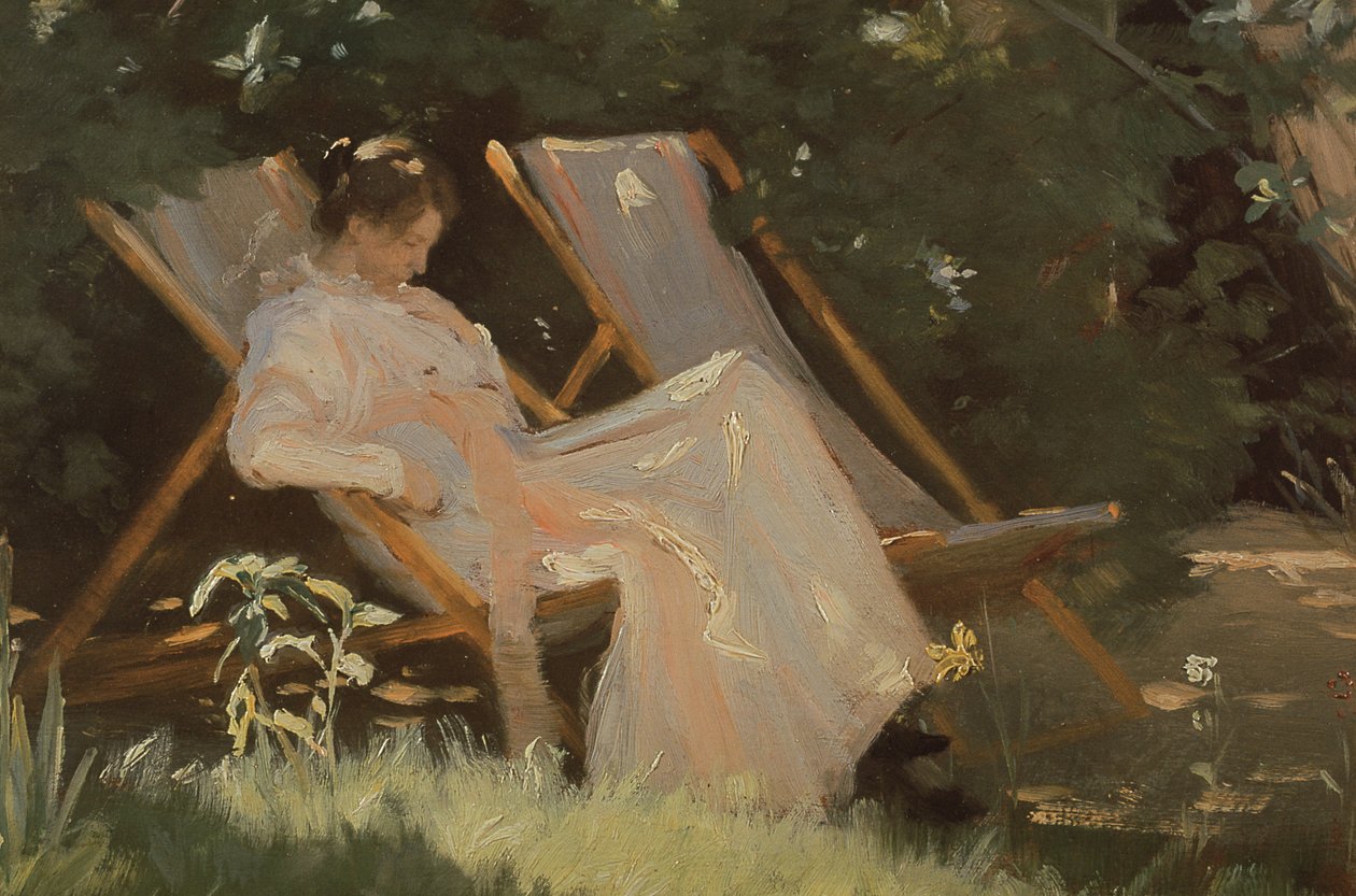 Konstnärens hustru sitter i en trädgårdsstol i Skagen, 1893 av Peder Severin Krøyer