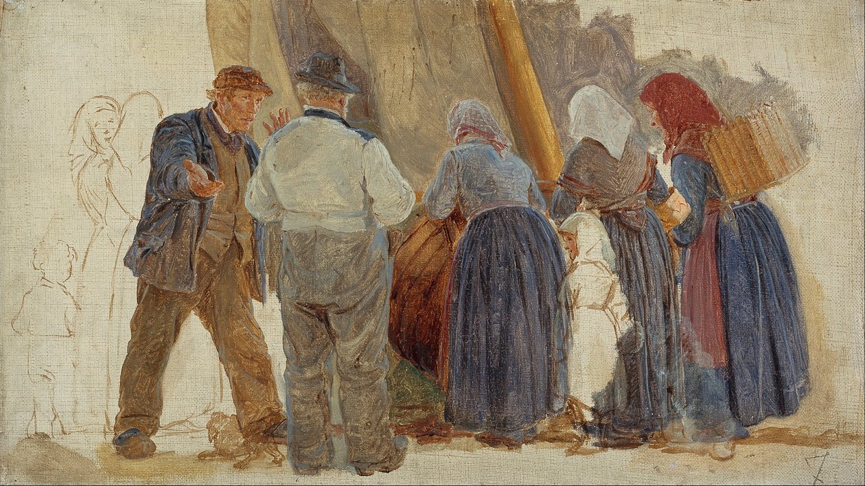 Morning at Hornbæk. Men and women bargining av Peder Severin Krøyer