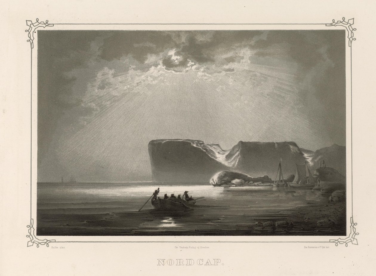 Nordcap. Illustration hämtad från boken Norge producerad i Drawings av Asbjørnsen, P.Chr. och utgiven av Chr. Tønsberg (nr, 1848) av Peder Balke