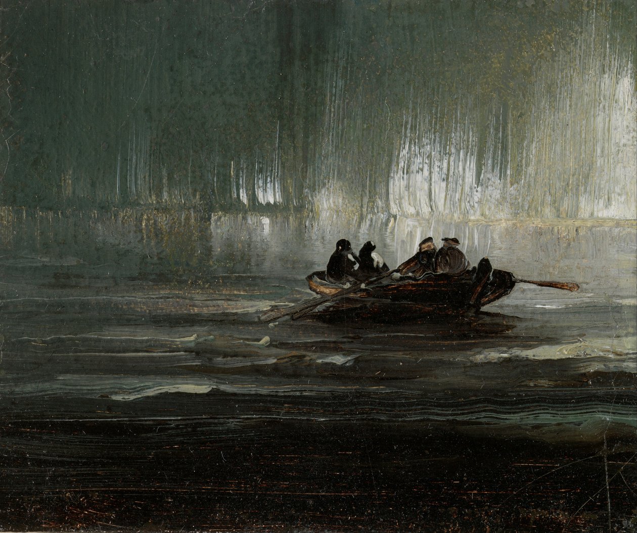 Norrsken över fyra män i roddbåt av Peder Balke