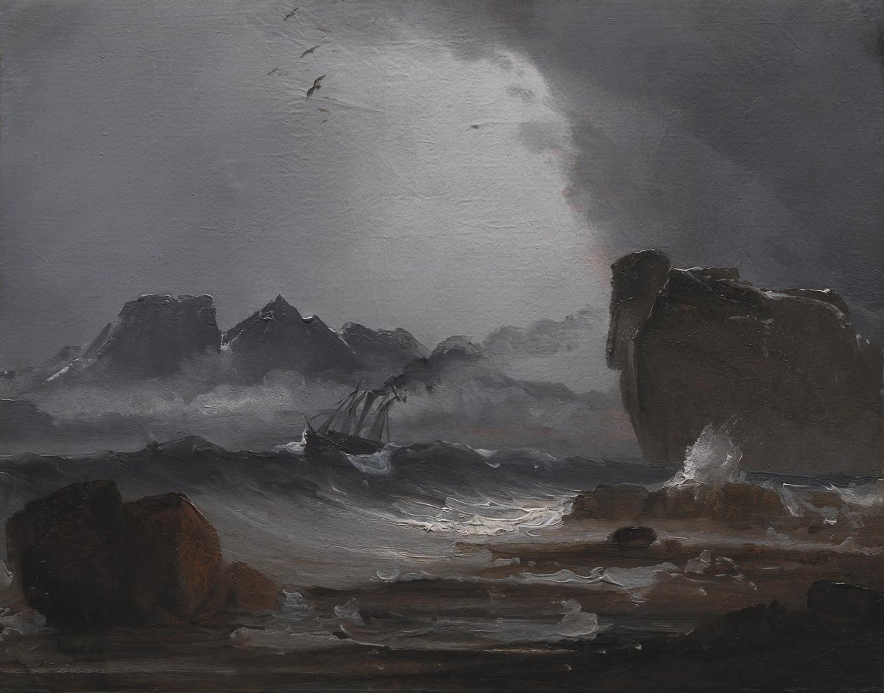 Grovt hav med en ångbåt nära Norges kust av Peder Balke