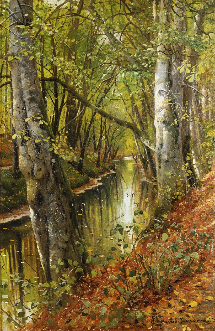 Ett skogsbevuxet flodlandskap av Peder Monsted