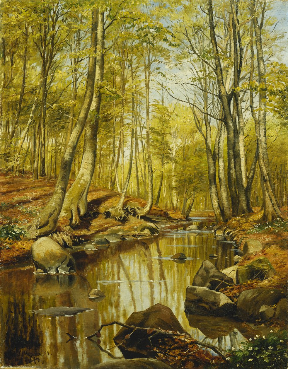 Ett skogsbevuxet flodlandskap av Peder Monsted