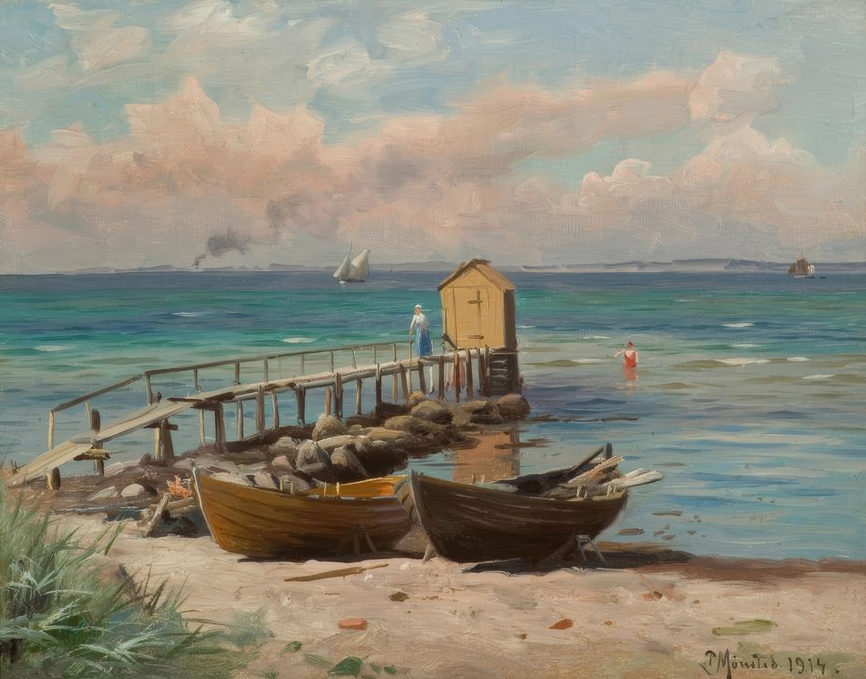P.Mönsted, Badehäuschen am Strand av Peder Monsted